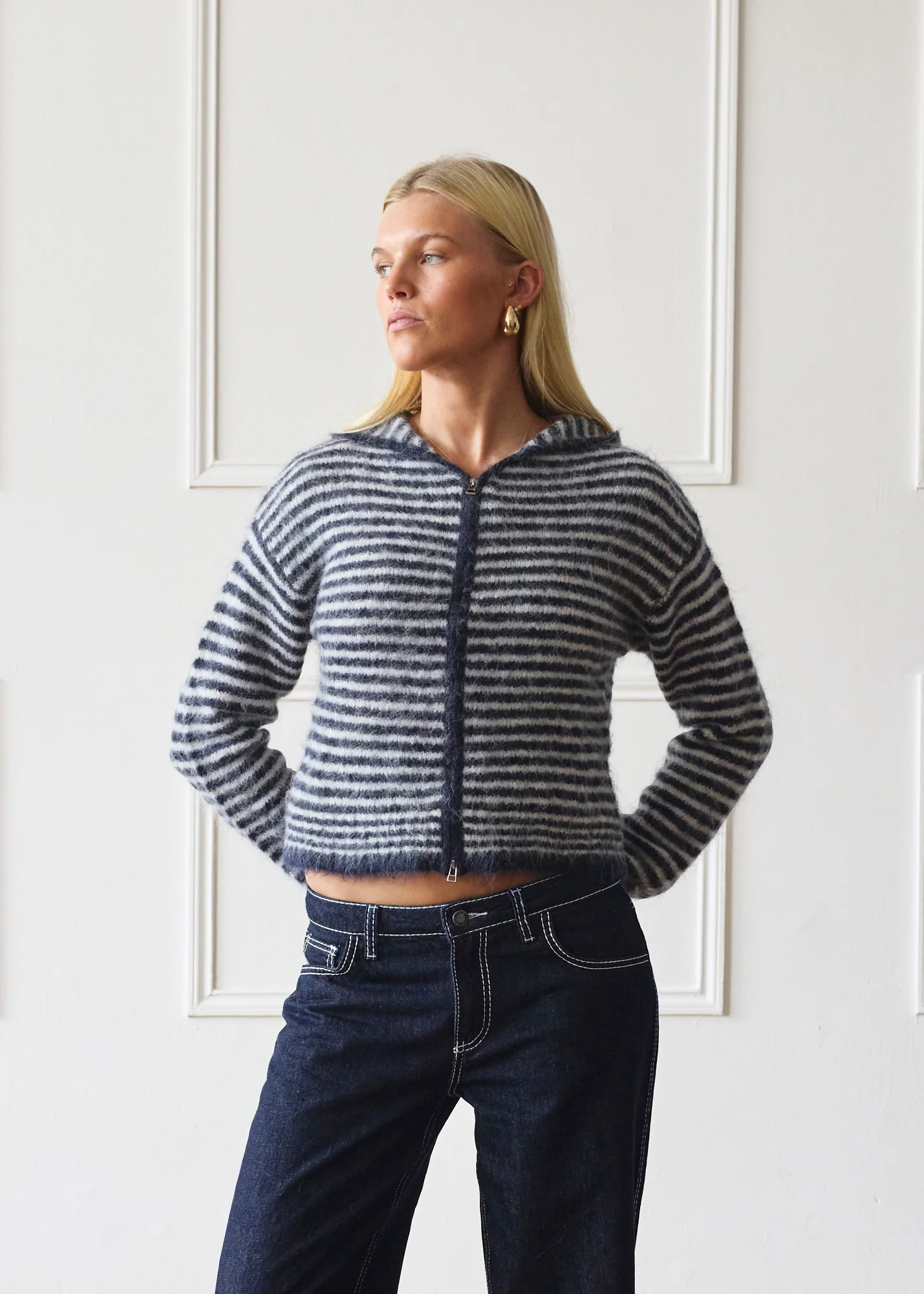 Dual Zip Hoodie - Navy & Cream Stripe - Image 5